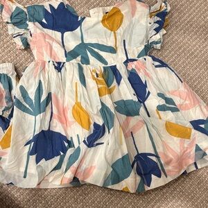 Tea Collection Blue and Pink Leaf Print Dress with matching bloomers